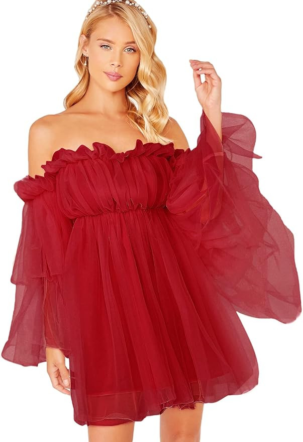Romwe Women's Romantic Off Shoulder Flounce Long Sleeve Wedding Ruffle Mesh Party Mini Dress | Amazon (US)