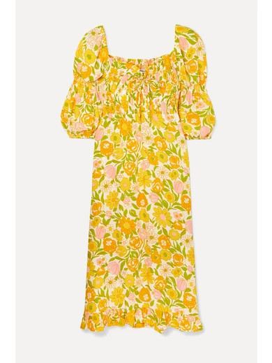 Faithfull The Brand - Nora Shirred Floral-print Crepe Midi Dress - Yellow | NET-A-PORTER (US)