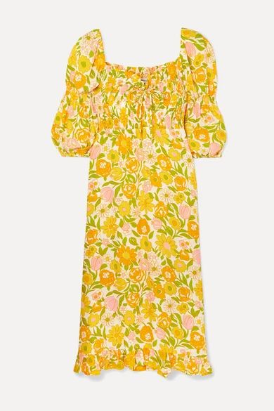 Faithfull The Brand - Nora Shirred Floral-print Crepe Midi Dress - Yellow | NET-A-PORTER (US)