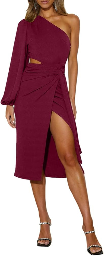 AlvaQ Women's 2024 One Shoulder Midi Dress Puff Long Sleeve Cutout Split Ruched Bodycon Wrap Part... | Amazon (US)