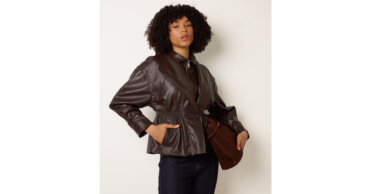Women's Dark Brown Elasticated Waist Faux Leather Jacket Blue Vanilla New Look | New Look (UK)