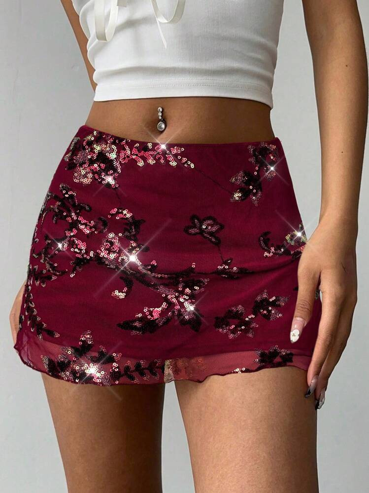 Aloruh Summer Fashion Beaded Embroidery Mini Skirt,Burgundy Mini Skirt,Summer Party Skirt,Sequin Skirt | SHEIN