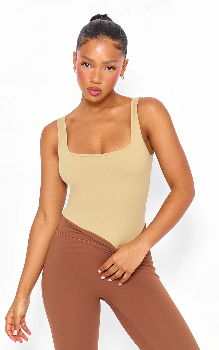Pale Khaki Contour Sculpt Square Neck Bodysuit | PrettyLittleThing UK