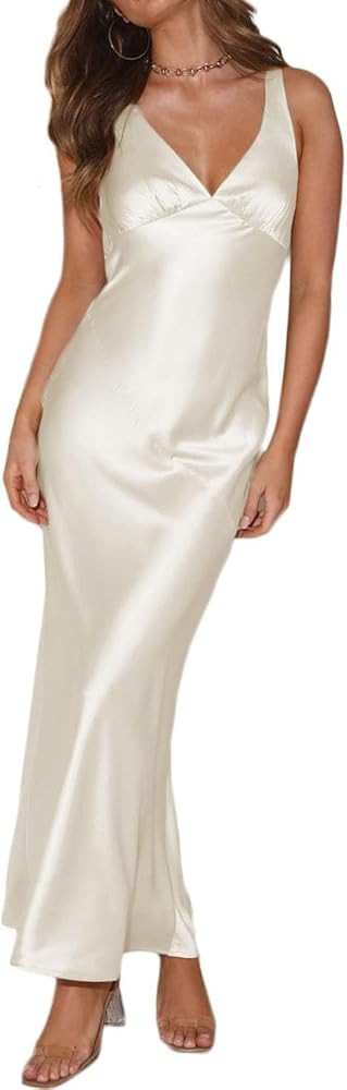 Womens Elegant Satin V Neck Backless Sleeveless Maxi Dress Silk Tie Low Back Formal Cocktail Dres... | Amazon (US)