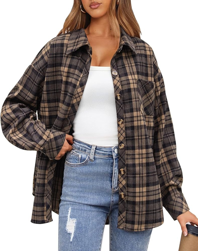 CHYRII Womens Oversized Flannel Shirts Button Down Long Sleeve Plaid Shirt Business Casual Blouse... | Amazon (US)