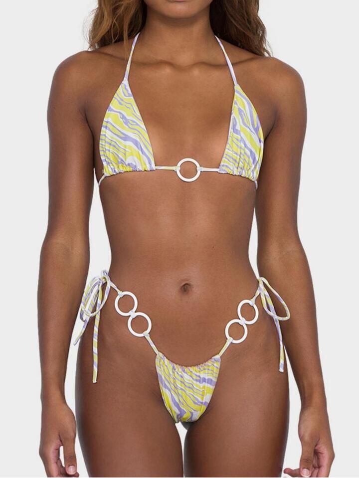 Allover Print Ring Linked Halter Triangle Bikini Swimsuit | SHEIN