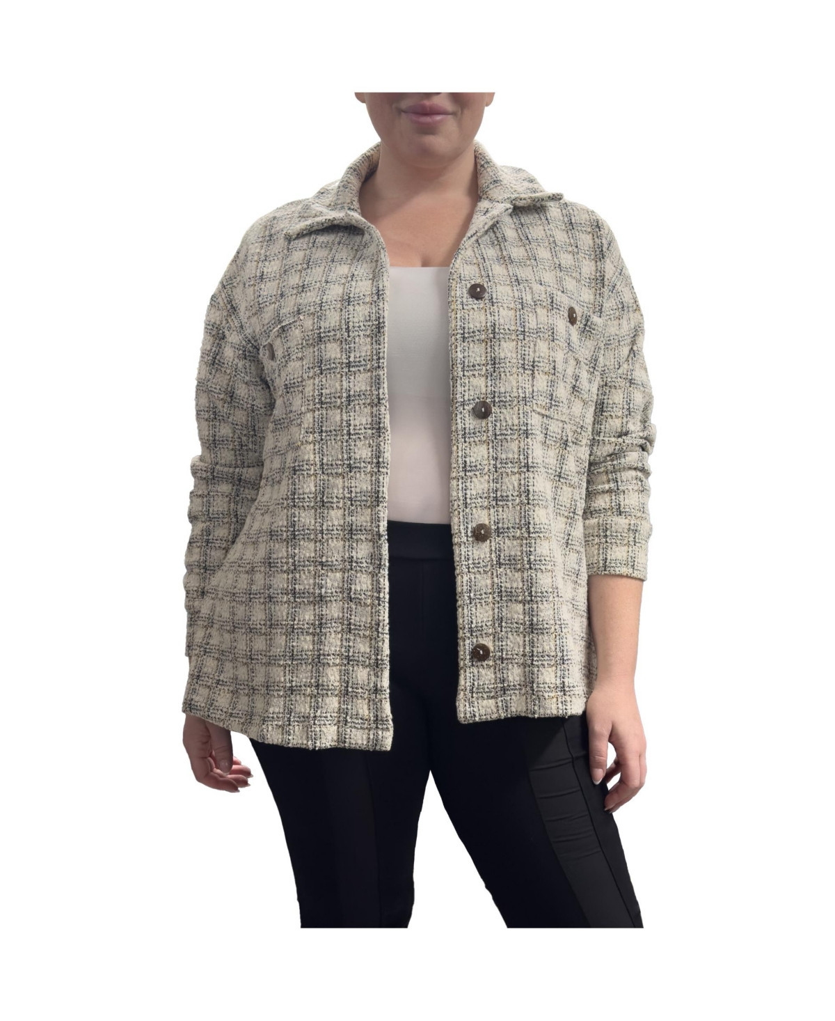Standards & Practices Plus Size Long Sleeves Button Front Plaid Shirt Jacket - Taupe black plaid | Macy's