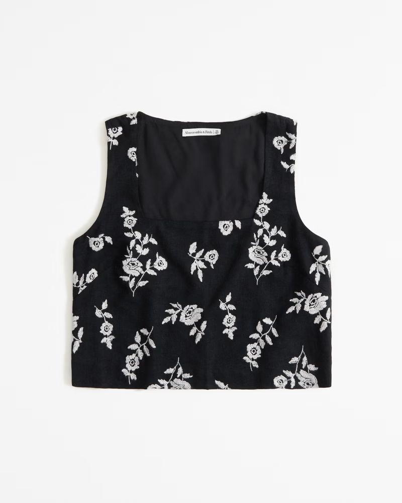 Linen-Blend Embroidered Squareneck Set Top | Abercrombie & Fitch (US)