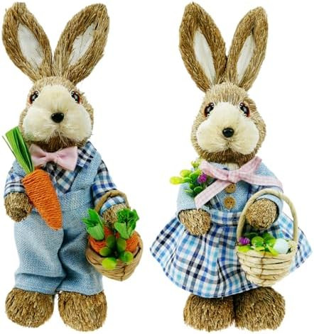 DearSun Set of 2pcs,14" H Easter Straw Bunny Figurine Tabletop Decor, Blue Sisal Rabbit Couple St... | Amazon (US)