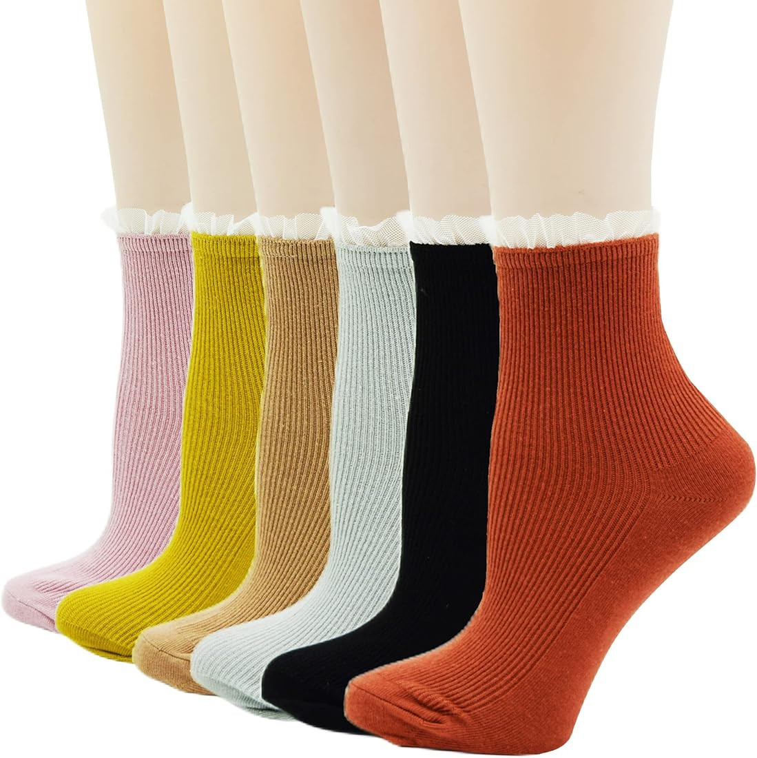 SWANONLAND Womens Lace Trim Frilly Ankle Socks Vintage Boot Socks 6 Pairs Pack | Amazon (US)