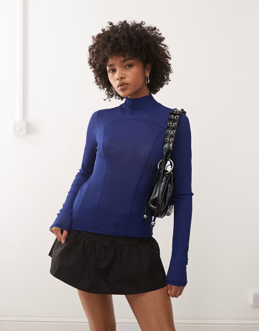 Weekday high neck mesh long sleeve top in bright blue | ASOS (Global)