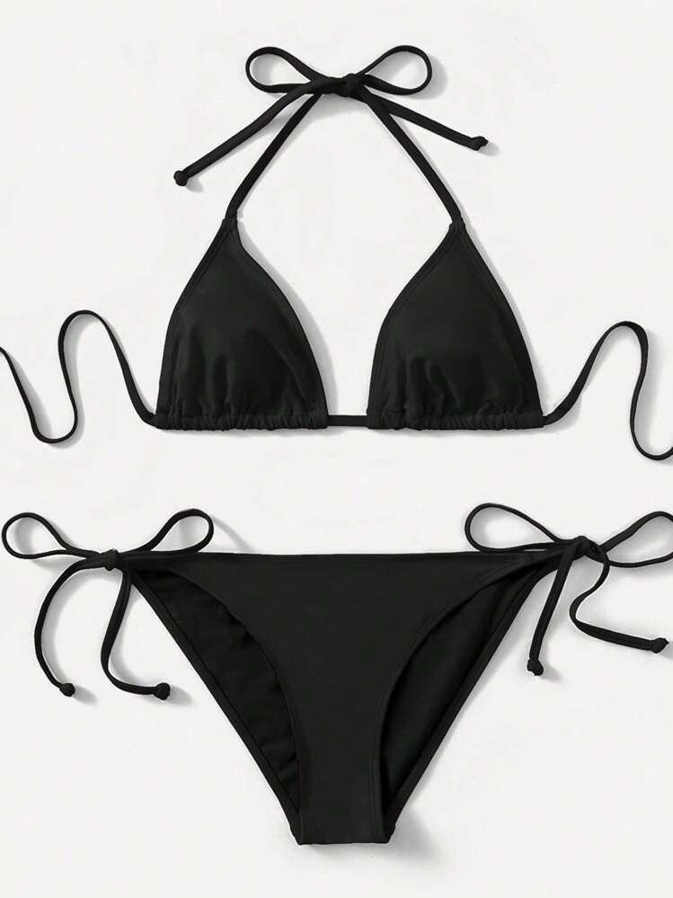 SHEIN Swim 2pcs 2025 Solid Color Halter Top & Tie Back Bottom Bikini Set, For Summer Beach Vacation | SHEIN