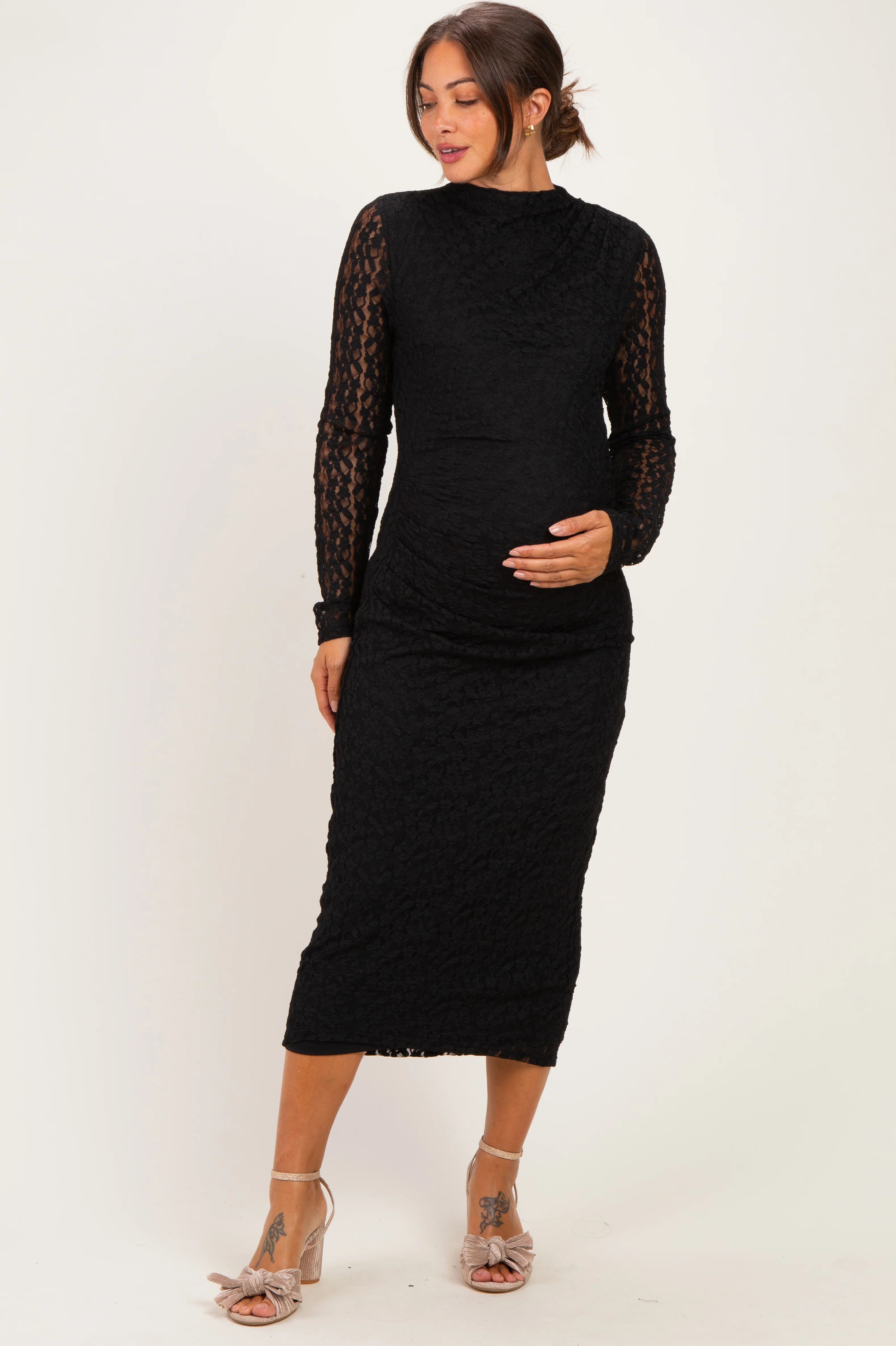 Black Fitted Lace Maternity Midi Dress - Large | PinkBlush Maternity
