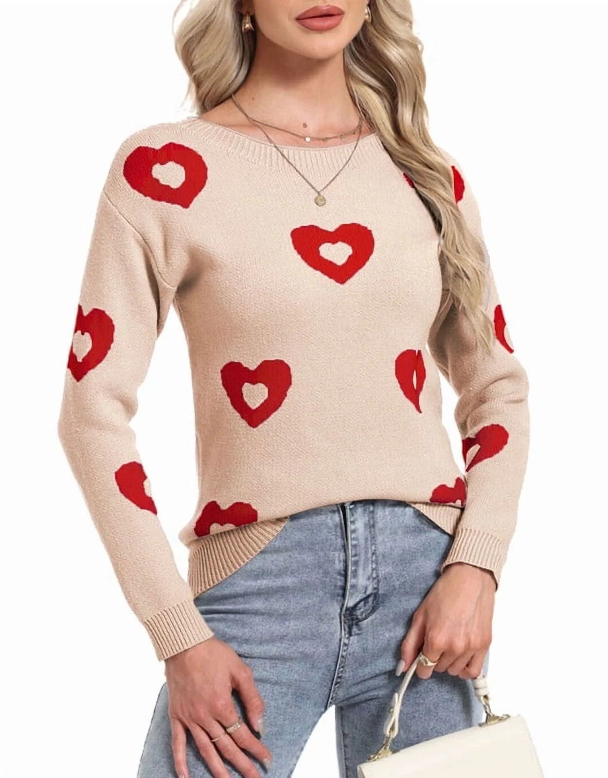 Heart Sweaters for Women Knit Warm Pullover Sweater Cute Heart Printed Valentine's Day Sweater Sh... | Walmart (US)