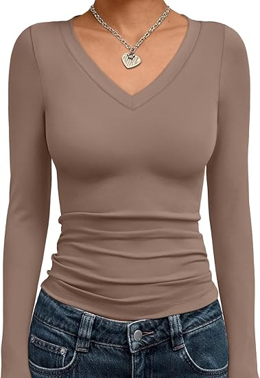 Trendy Queen Long Sleeve Shirts for Women 2025 Fall Fashion V Neck Basics Crop Tops Slim Fitted Y... | Amazon (US)