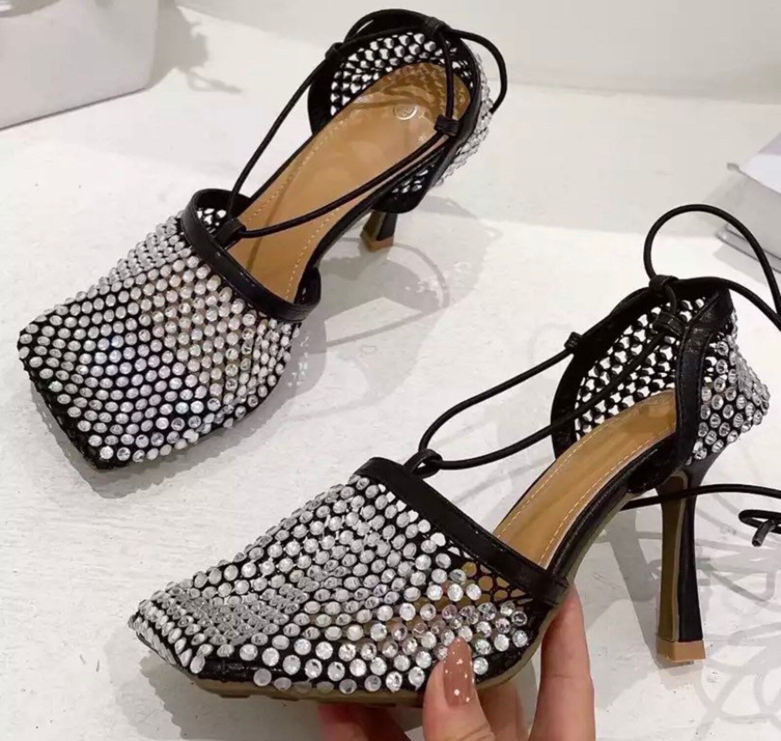 Star Style Crystal Mesh Women Pumps Sexy Ankle Strap Square | Etsy | Etsy (US)