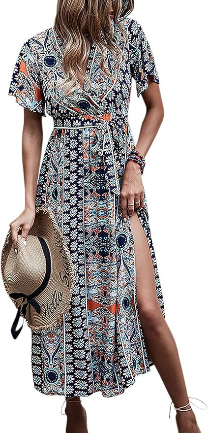 CCTOO Women's Summer Maxi Dress Casual Boho Floral Wrap V Neck Short Sleeve Ruffle Split Flowy Lo... | Amazon (US)