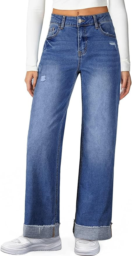 Sidefeel Women's Fleece Lined Jeans High Waisted Wide Leg Stretchy Distressed Straight Leg Loose ... | Amazon (US)