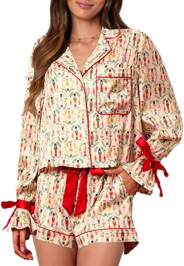 Silk Christmas Bow Pajamas for Women Cute Xmas Satin 2 Piece Santa Bow Tie Pjs Long Sleeve Shirt ... | Amazon (US)