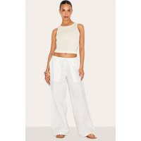 Petite White Linen Drawstring Waist Pants | PrettyLittleThing US