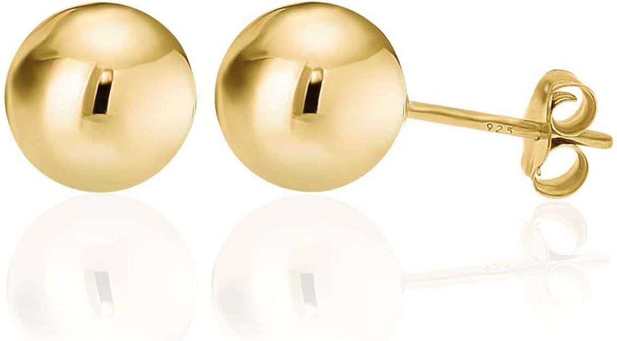 Amazon.com: 14K Gold Plated Polished Sterling Silver Round 9mm Ball Bead Stud Earrings: Clothing,... | Amazon (US)