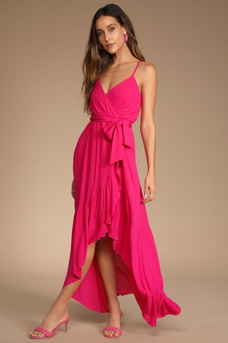Bright Pink Ruffled High-Low Dress Pink Dress Spring Dress Wedding Guest Dress Resort Wear | Lulus (US)
