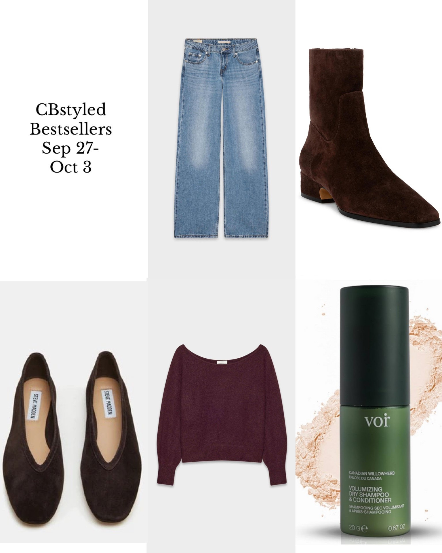 Bestsellers Sep 27-Oct3! I’m 5’ 7” size 4ish. 
1. Wide leg jeans: super soft and comfortable cause a high amount of Tencel. I’m wearing my usual size in the 32” length, I got the wash “good grades” in the spring and recently “Let In Trnsltn”. Note: some washes are 100% cotton
2. Suede boots: I got these recently and love the trendy sleep style. They are elevated but the low block heel makes them comfortable. I got my usual size and they fit great, I might size up to wear thick socks in the winter.
3. Ballet flats: high vamp trendy style, very comfortable, real sided. Fit tts or go up if between/wide feet.
4. Off the shoulder sweater: cashmere/wool/synthetic blend, very soft, not itchy. Lots of pretty colors, mine is “cardamom”. Fits tts, I sized up to M but shouldn’t have
5. Dry shampoo: received as pr with no obligation to share but ended up loving it (and other products from the same brand). Made in Canada with clean ingredients! Use code CBSTYLED25 for 25% off (only works on Amazon.ca)

#LTKcanada #LTKfall #LTKover50style