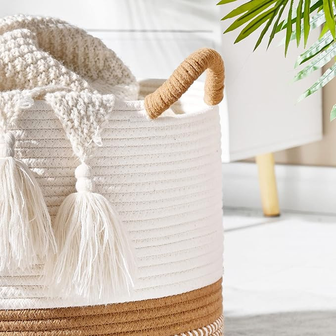 KAKAMAY Large Blanket Basket (20"x13"),Woven Baskets for storage Baby Laundry Hamper, Cotton Rope... | Amazon (US)