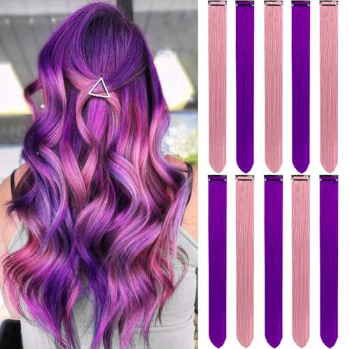 LADYAMZ Colored Hair Extensions 10 PCS, Colorful Party Highlights Clip in Synthetic Hair Extensions, Purple and Pink Hairpieces for Girls Women Kids Party Favors Hair Pieces 22 In | Amazon (US)