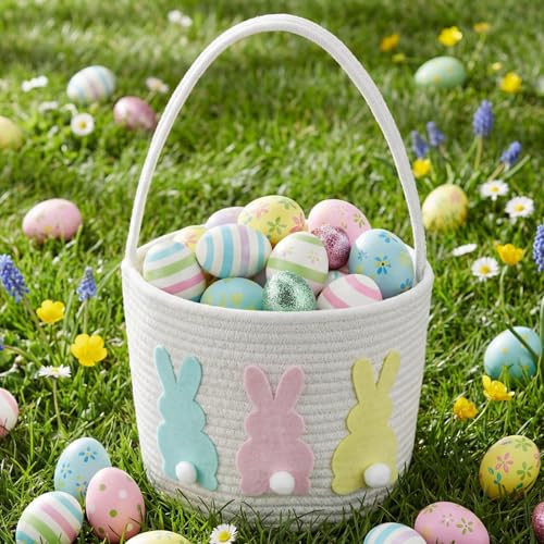 Fiwochic Easter Baskets with Bunny Woven Bunny Cotton Basket Cute Rabbit Buckets with Handle Rabbit Stuffers Easter Egg Party Decoration Supplies | Amazon (US)