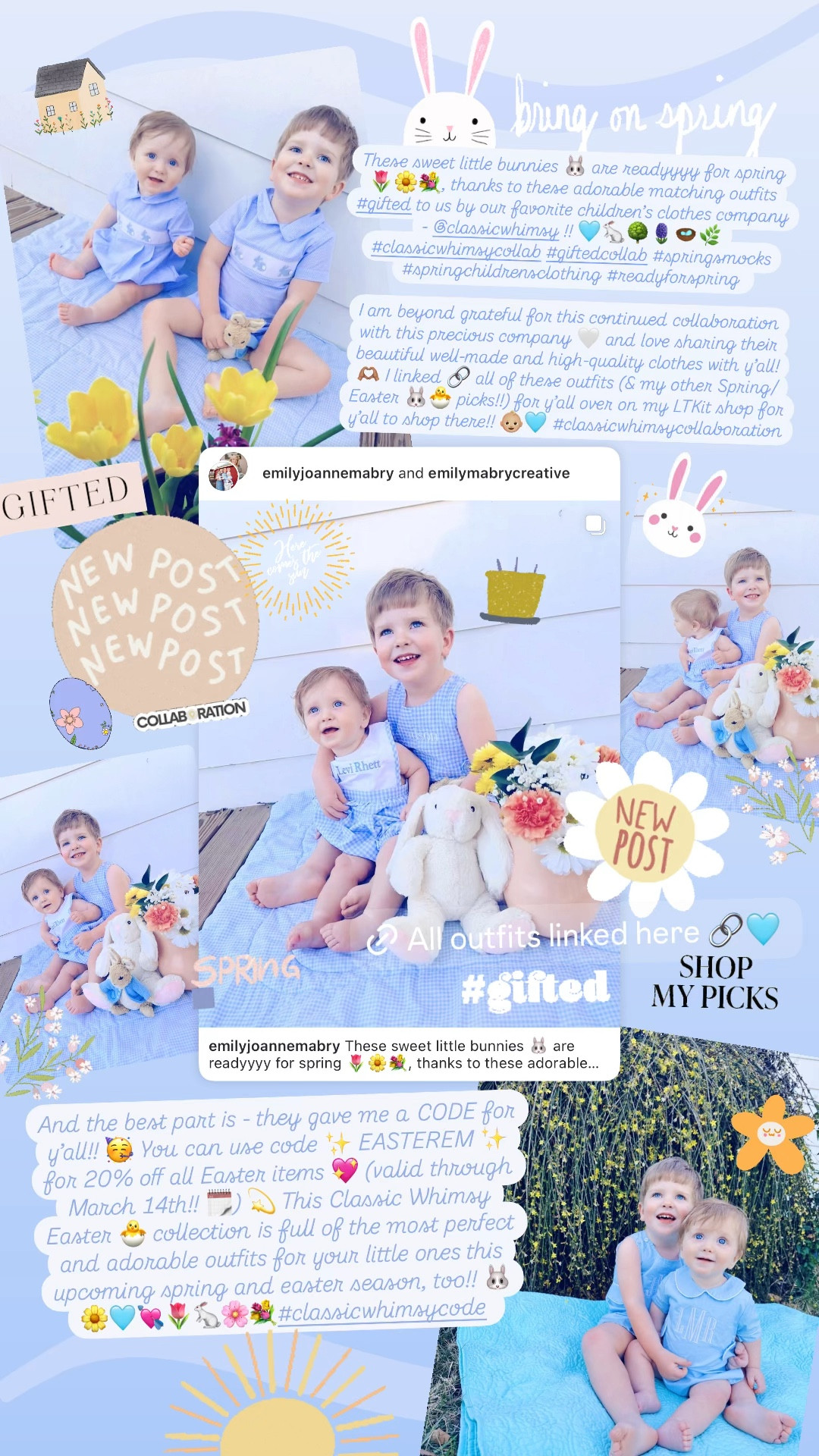 These sweet little bunnies 🐰 are readyyyy for spring 🌷🌼💐, thanks to these adorable matching outfits #gifted to us by our favorite children’s clothes company - @classicwhimsy !! 🩵🐇🌳🪻🪺🌿 #classicwhimsycollab #giftedcollab #springsmocks #springchildrensclothing #readyforspring 

I am beyond grateful for this continued collaboration with this precious company 🤍 and love sharing their beautiful well-made and high-quality clothes with y’all! 🫶🏽 I linked 🔗 all of these outfits (& my other Spring/Easter 🐰🐣 picks!!) for y’all over on my LTKit shop for y’all to shop there!! 👶🏼🩵 #classicwhimsycollaboration

And the best part is - they gave me a CODE for y’all!! 🥳 You can use code ✨ EASTEREM ✨ for 20% off all Easter items 💖 (valid through March 14th!! 🗓️) 💫 This Classic Whimsy Easter 🐣 collection is full of the most perfect and adorable outfits for your little ones this upcoming spring and easter season, too!! 🐰🌼🩵💘🌷🐇🌸💐#classicwhimsycode 

#LTKFamily #LTKBaby #LTKSeasonal