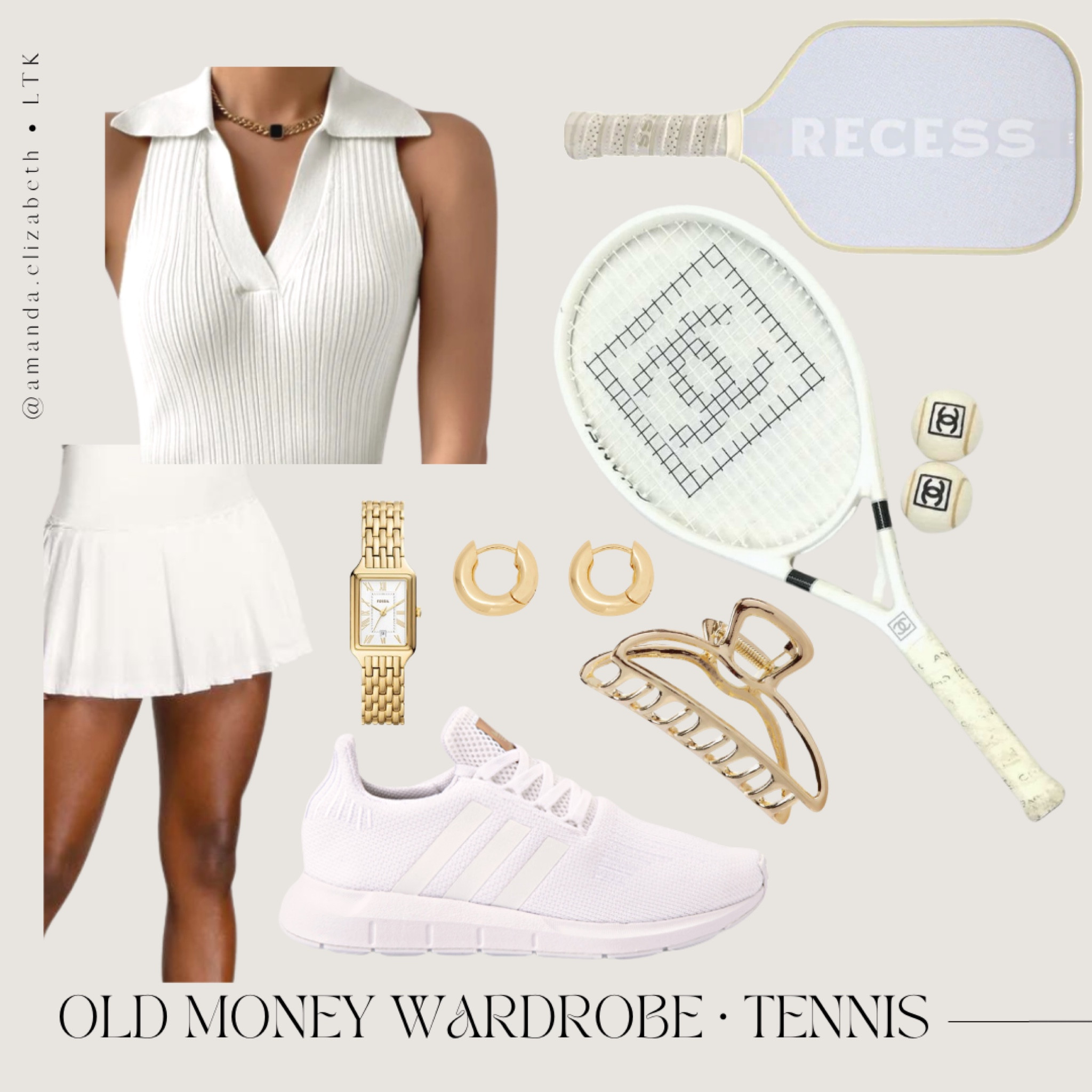 old money wardrobe • tennis 
- collared knit tank top
- tennis skirt 
- tennis shoes 
- tennis racket or pickle ball paddle
- earrings 
- watch 
- claw clip 

#LTKFitness #LTKstyletip #LTKSeasonal