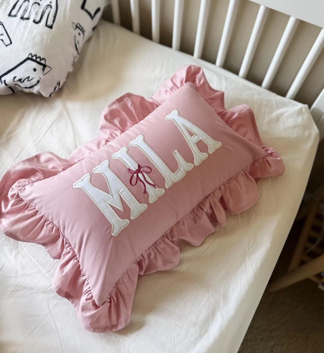 12x20 in Personalized Applique Name and Monogram Pillow Cover, Bow, Ruffled Cushion - Etsy | Etsy (US)