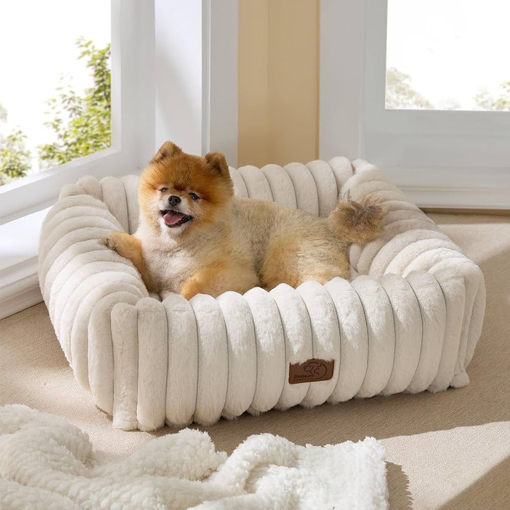 Bedsure Cute Dog Bed for Small Medium Dogs - Washable Furry Puppy Beds, Rectangle Orthopedic Cord... | Amazon (US)