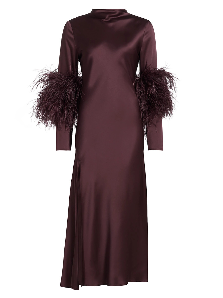 Women's Feather-Cuff Satin Midi-Dress - Mulberry - Size 12 | Saks Fifth Avenue