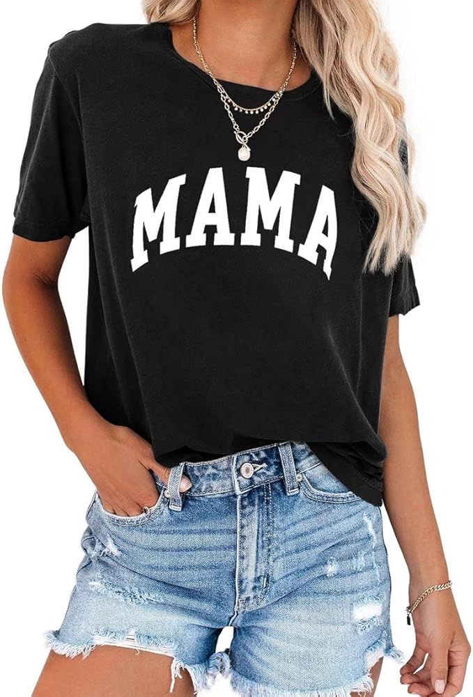 FEEKEKE Women's Mama Letter Print Graphic Tees Shirts Casual Short Sleeve Tops Cute Mom T Shirts ... | Amazon (US)