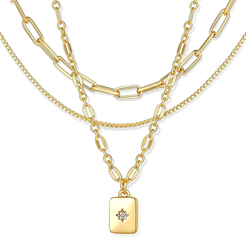YEEZII Layered Gold Necklaces for Women Trendy, 3 Pcs 14K Gold Plated Choker Paperclip Box Chain ... | Amazon (US)