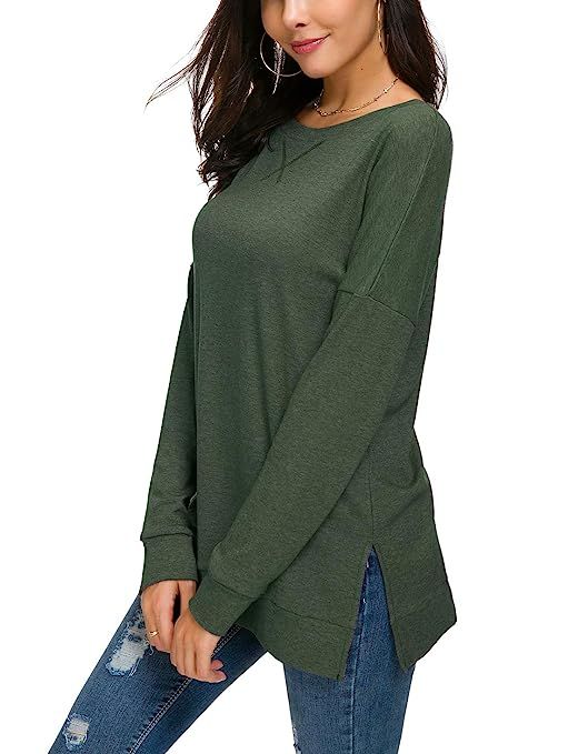HIYIYEZI Women's Fall Long Sleeve Side Split Loose Casual Pullover Tunic Tops | Amazon (US)