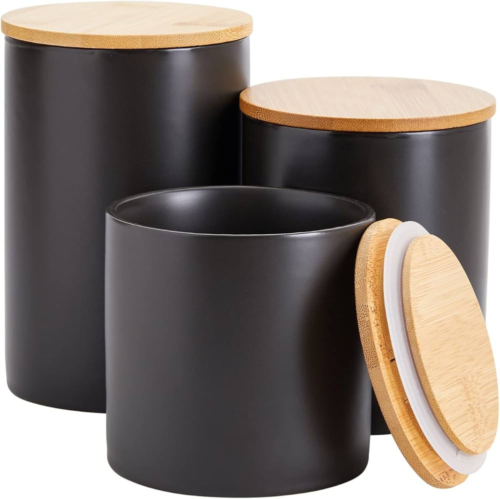 Farmlyn Creek Set of 3 Matte Black Kitchen Canister with Airtight Wooden Bamboo Lids, Kitchen Cou... | Amazon (US)