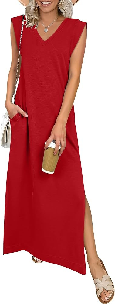 ANRABESS Womens Summer Casual Maxi Dresses Sleeveless V Neck Split Wrinkle-Free Long Sundress Bea... | Amazon (US)