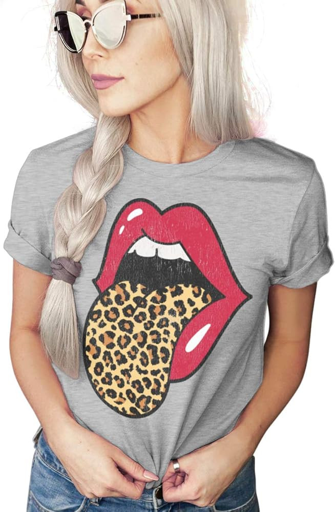Red Lips Leopard Distressed Print Tongue T-Shirt | Cheetah Animal Print Trendy Graphic Tee | Unis... | Amazon (US)
