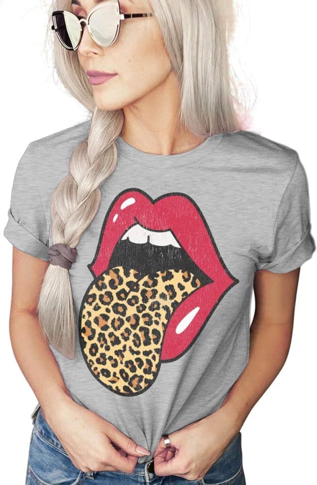 Red Lips Leopard Distressed Print Tongue T-Shirt | Cheetah Animal Print Trendy Graphic Tee | Unis... | Amazon (US)