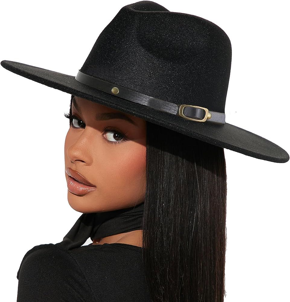 Felt Fedora Hat Womens Classic Hat Wide Brim Jazz Hat with Belt Buckle | Amazon (US)