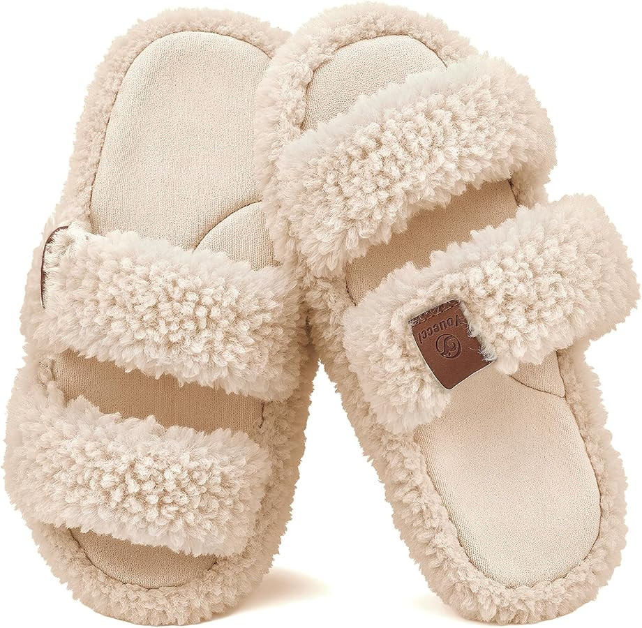 Youecci Girls Fuzzy Slippers-Soft Open Toe Slippers with Memory Foam & Arch Support, Dual-Strap W... | Amazon (US)