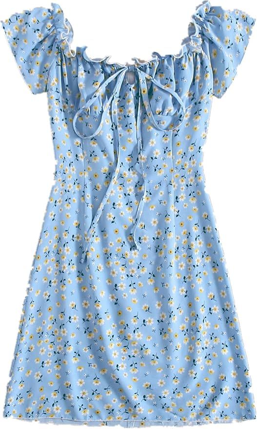 Floerns Women's Frill Tie Front Ditsy Floral Short Sleeve A Line Dress | Amazon (US)