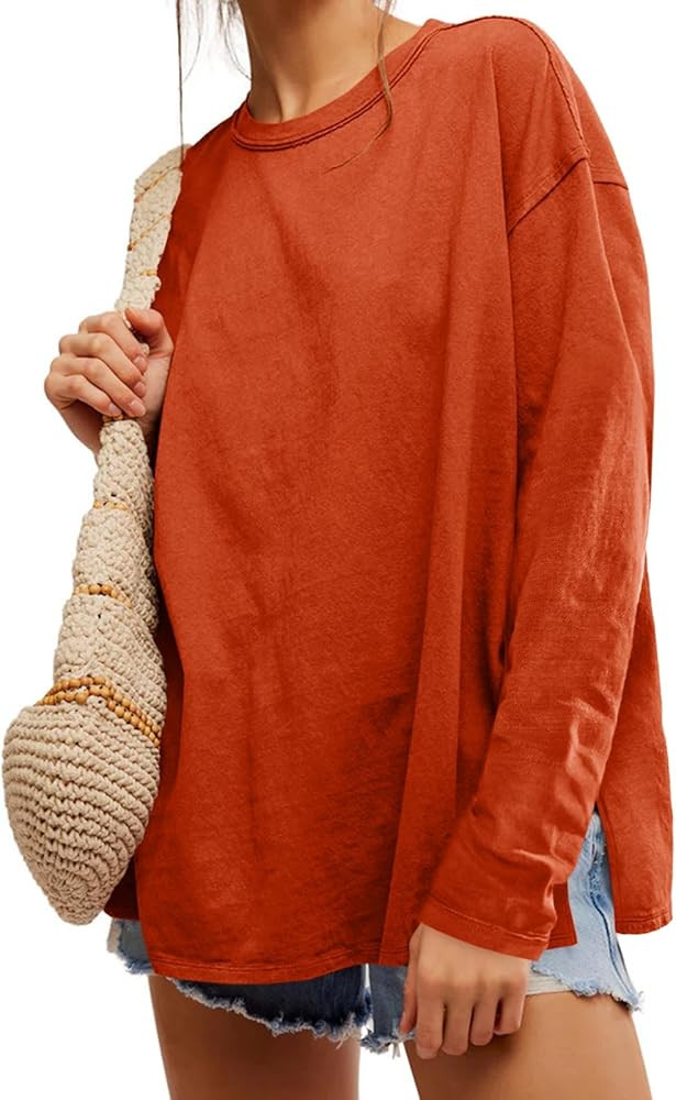 Womens Oversized Long Sleeve Shirts Crew Neck Casual Tops Loose Fit Side Slit Fall Tees | Amazon (US)