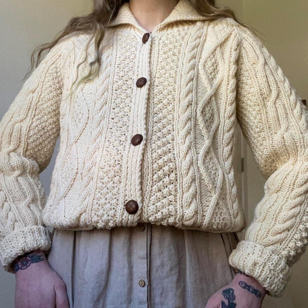 Vintage Irish Wool Shawl Collar Chunky Knit Fishermans Cardigan Sweater - Etsy | Etsy (US)
