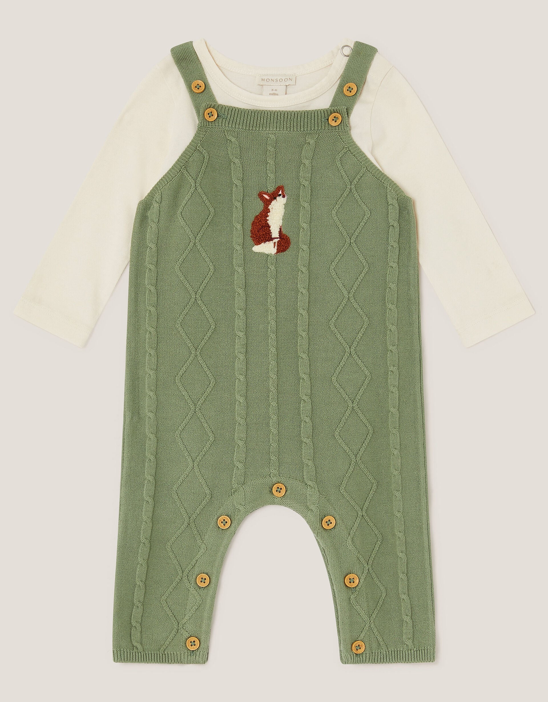 Newborn Fox Cable Knit Dungarees Set Green | Monsoon (UK)