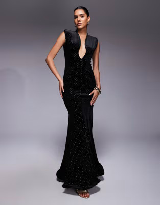 ASOS DESIGN Premium velvet moulded plunge fishtail maxi dress in black   | ASOS | ASOS (Global)
