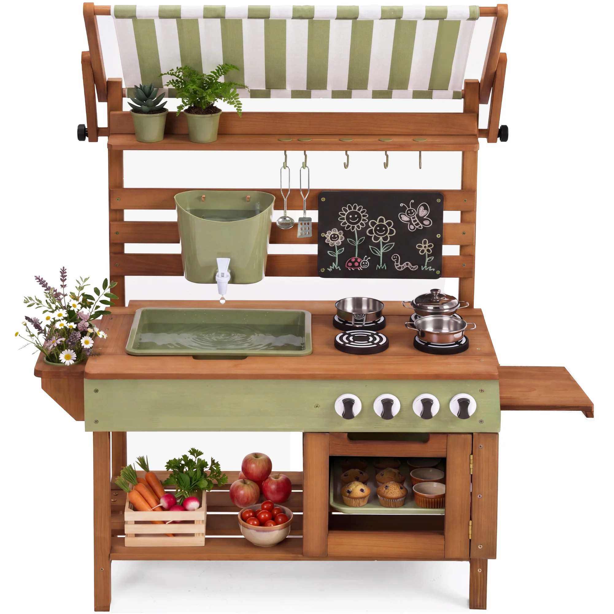 Deluxe Wooden Outdoor Mud Kitchen w/ Canopy, Sink, Faucet & 11pc Acces | Best Choice Products 